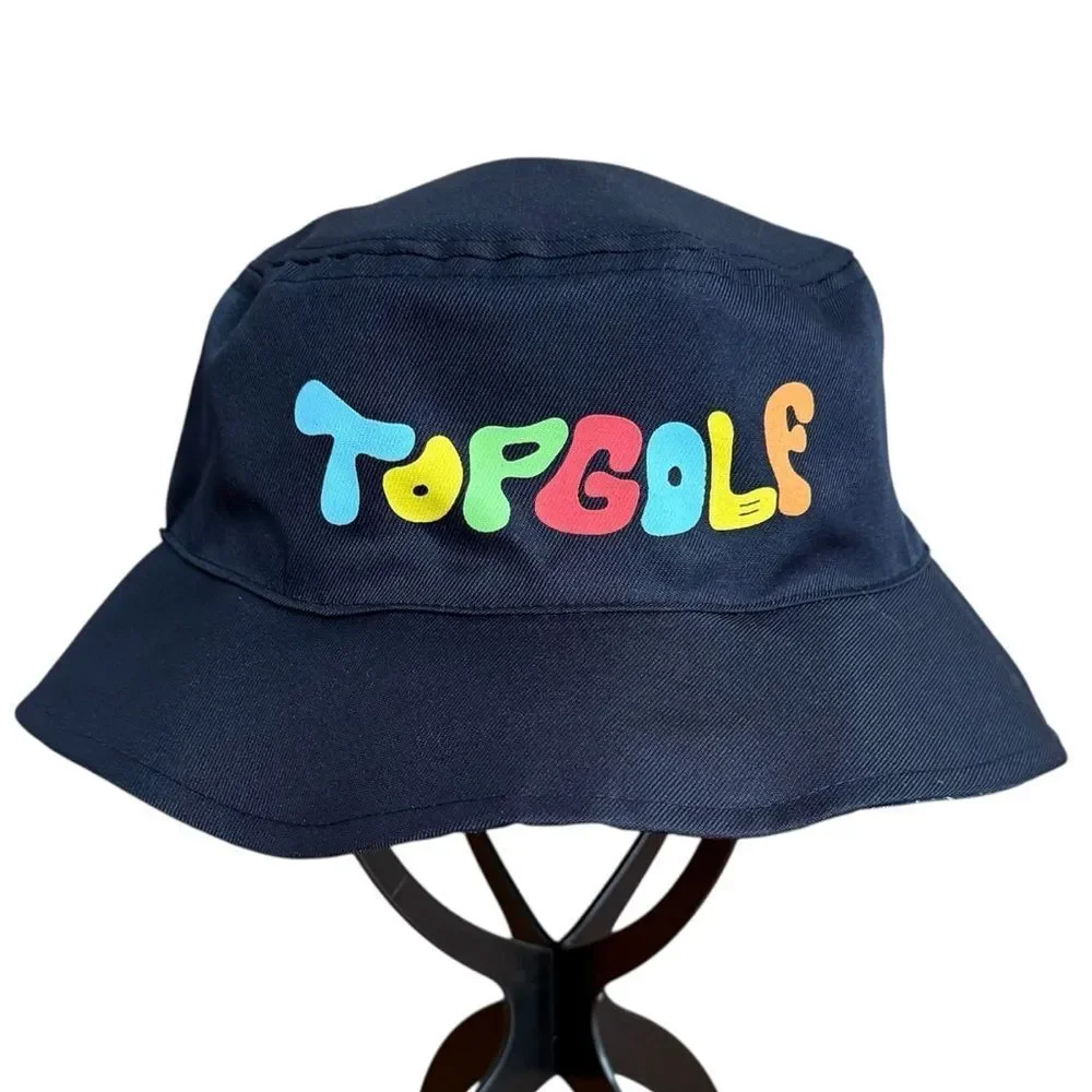 Top Golf Boys Kids Colorful Black Reversible Bucket Hat Peace Sign Hands.